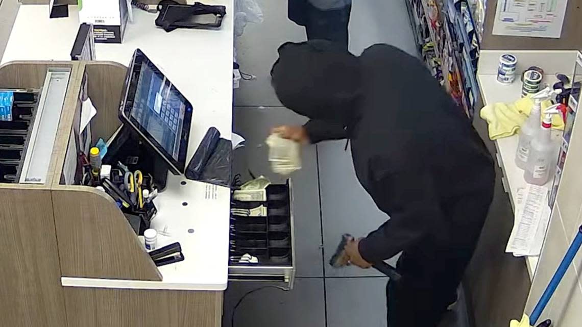 Surveillance video from a Parker's Kitchen on Hilton Head Island shows an armed robbery suspect grabbing wads of cash from the open register on the night of May 27.  Trevor Lamont Hicks, 22, a Beaufort resident, was arrested for the robbery four days later.