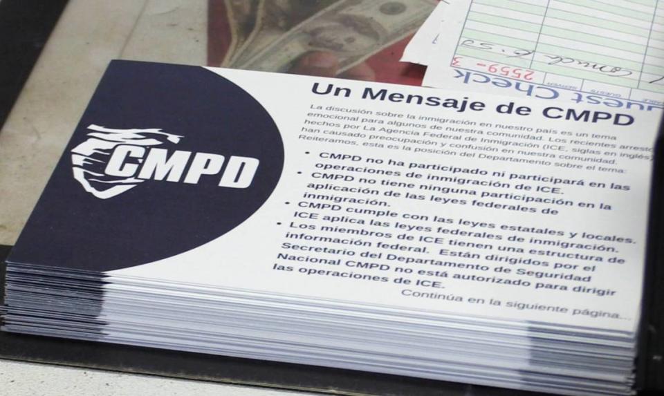 In this March 2019 photo, an information card in Spanish, put out by the Charlotte-Mecklenburg Police Department, lists the differences between CMPD and Immigration and Customs Enforcement, the federal agency that enforces immigration laws.