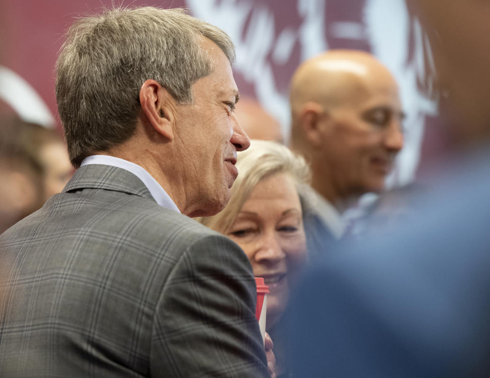 Jim Pillen, Republican party candidate for Nebraska governor, visits with the crowd during the Nebraska Republican Party general election kickoff at the Republican state headquarters on Wednesday, May 11, 2022, in Lincoln, Neb. (Gwyneth Roberts/Lincoln Journal Star via AP)