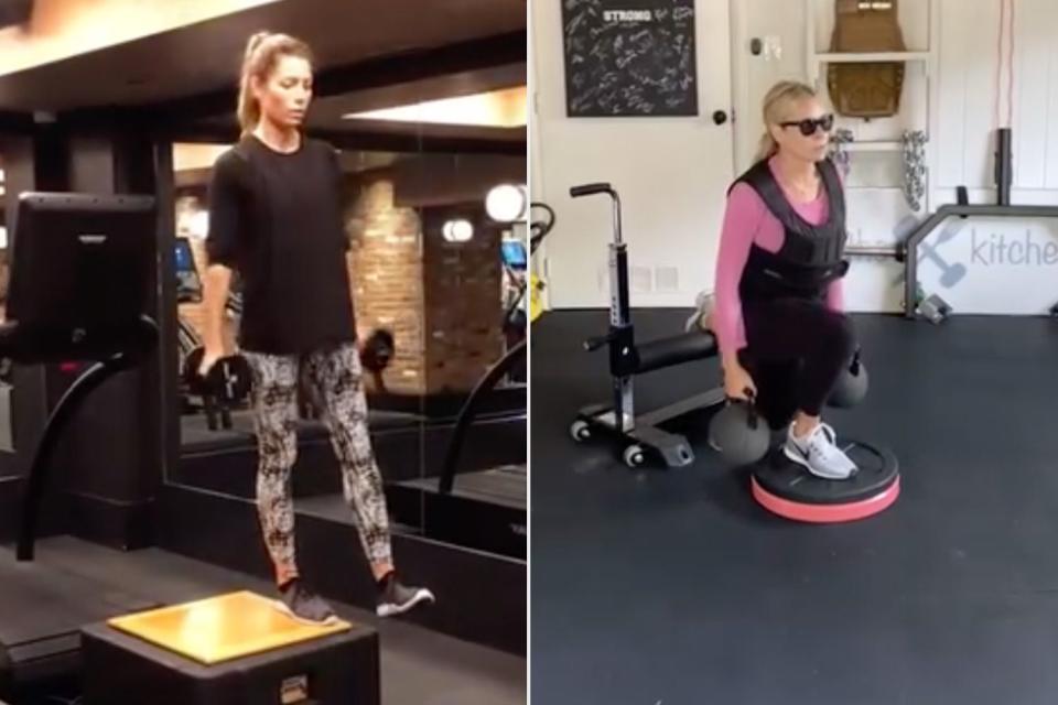 <p>Ben Bruno/Instagram</p> Jessica Biel (left) and Chelsea Handler working out