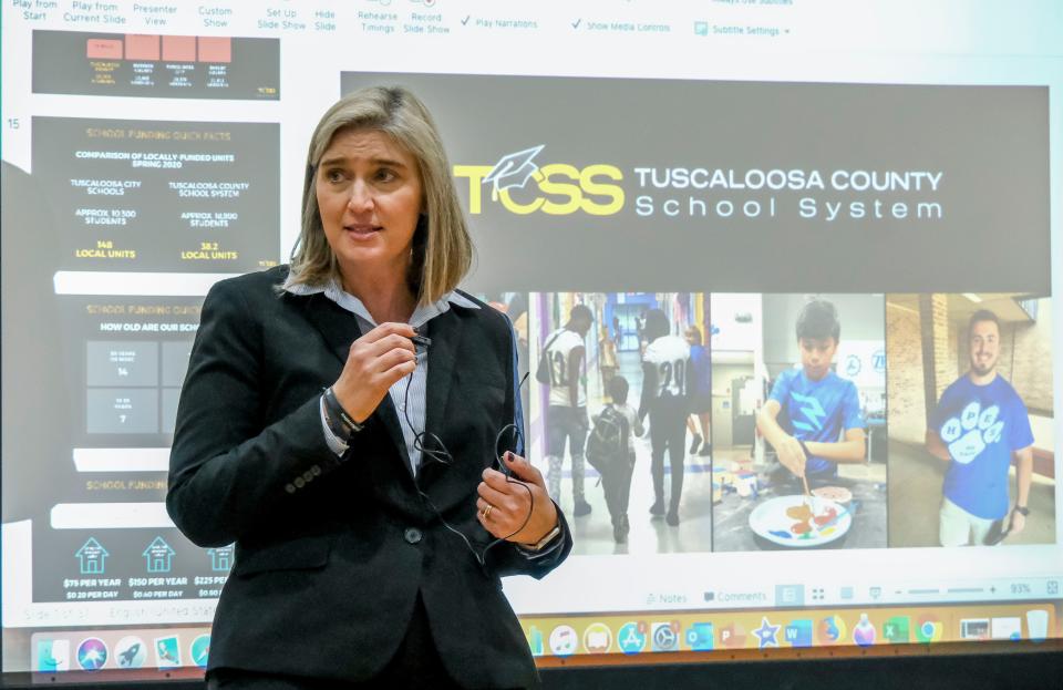 Jan 26, 2023; Northport, AL, USA;  Tuscaloosa County School System Superintendent Keri Johnson presents the proposal to raise the property tax in Tuscaloosa County at Tuscaloosa County High School. 