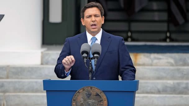 PHOTO: Florida Gov. Ron DeSantis speaks to the crowd after being sworn in to begin his second term during an inauguration ceremony outside the Old Capitol on Jan. 3, 2023, in Tallahassee, Fla. (Lynne Sladky/AP, FILE)