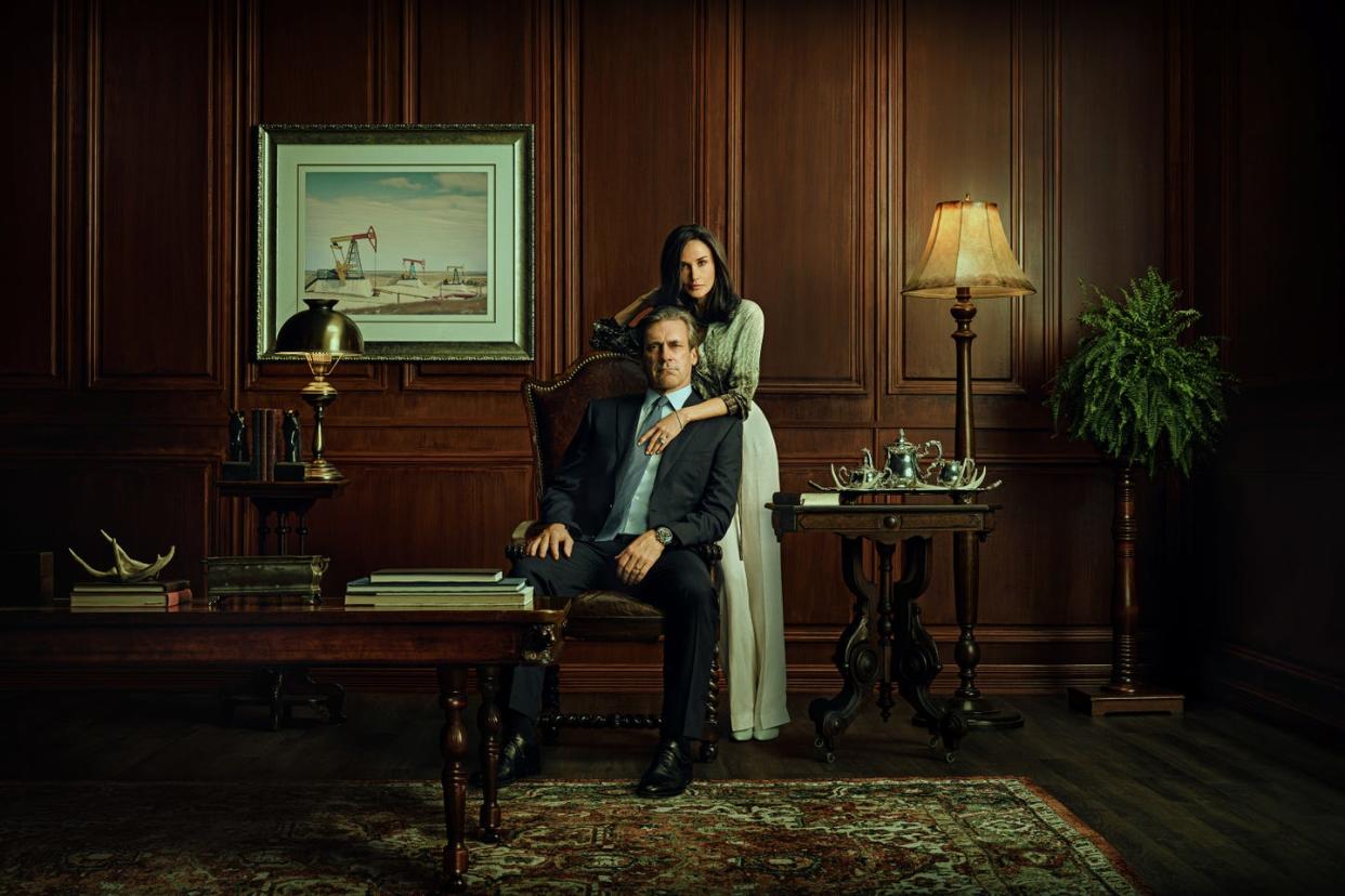 l r jon hamm as monty miller and demi moore as cami miller in season 1 of landman streaming on paramount photo credit james minchinparamount