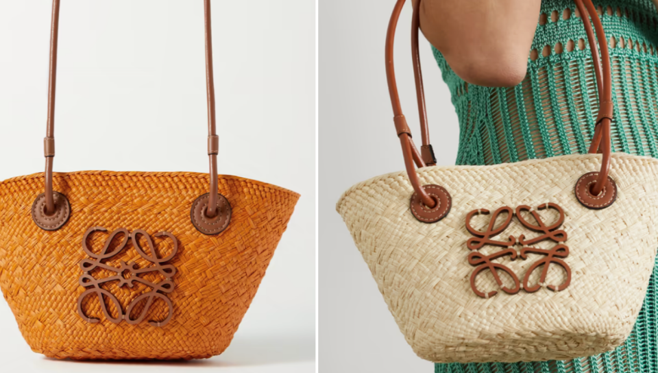 Loewe + Paula's Ibiza mini leather-trimmed woven raffia tote, S$925 (Photo: Net-A-Porter)