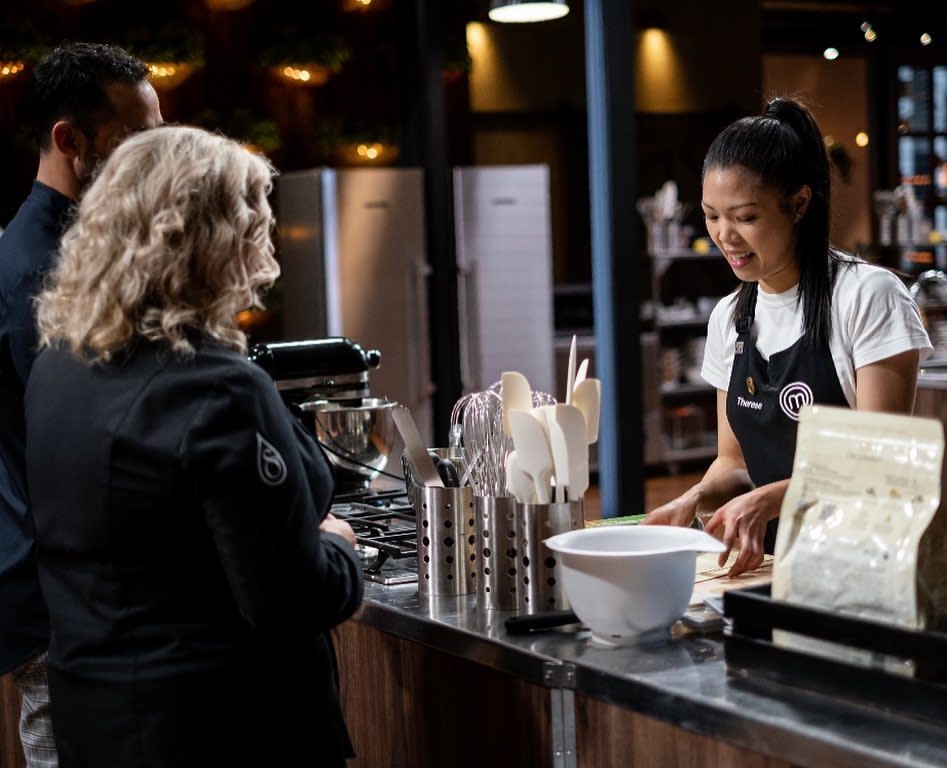 Therese cooking during the masterchef challenge set by master chocolatier Kirsten Tibballs