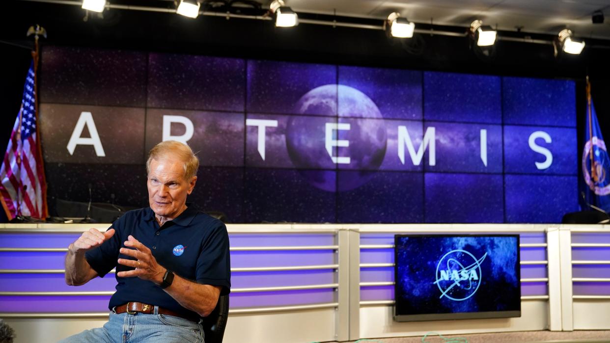 Bill Nelson explains the Artemis 1 mission during an interview Wednesday.