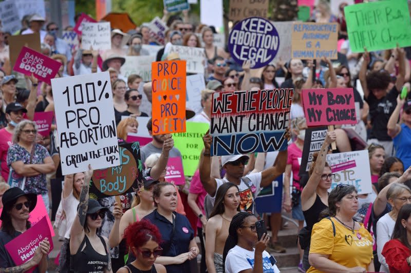 Abortion rights supporters rally at Orlando City Hall in May 2022. On Wednesday, a law banning abortion after six weeks of pregnancy in Florida will take effect. File Photo by Chris Chew/UPI
