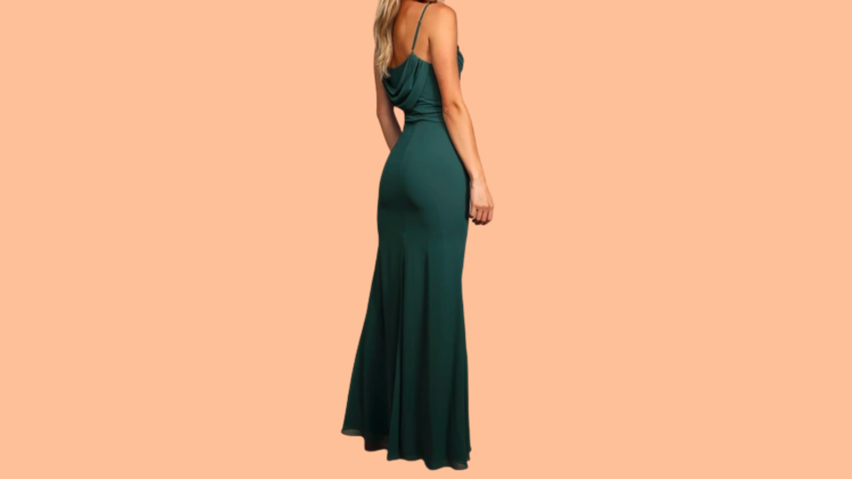 Go for an out-of-the-box neckline with this cowl-neck prom dress.