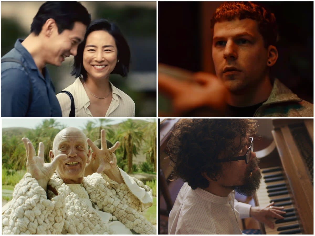 Teo Yoo and Greta Lee in ‘Past Lives, Jesse Eisenberg in ‘Manodrome’, John Malkovich in ‘Seneca – On the Creation of Earthquakes’ and Peter Dinklage in ‘She Came to Me’ (A24/YouTube/Filmgalerie 451/Protagonist Pictures)