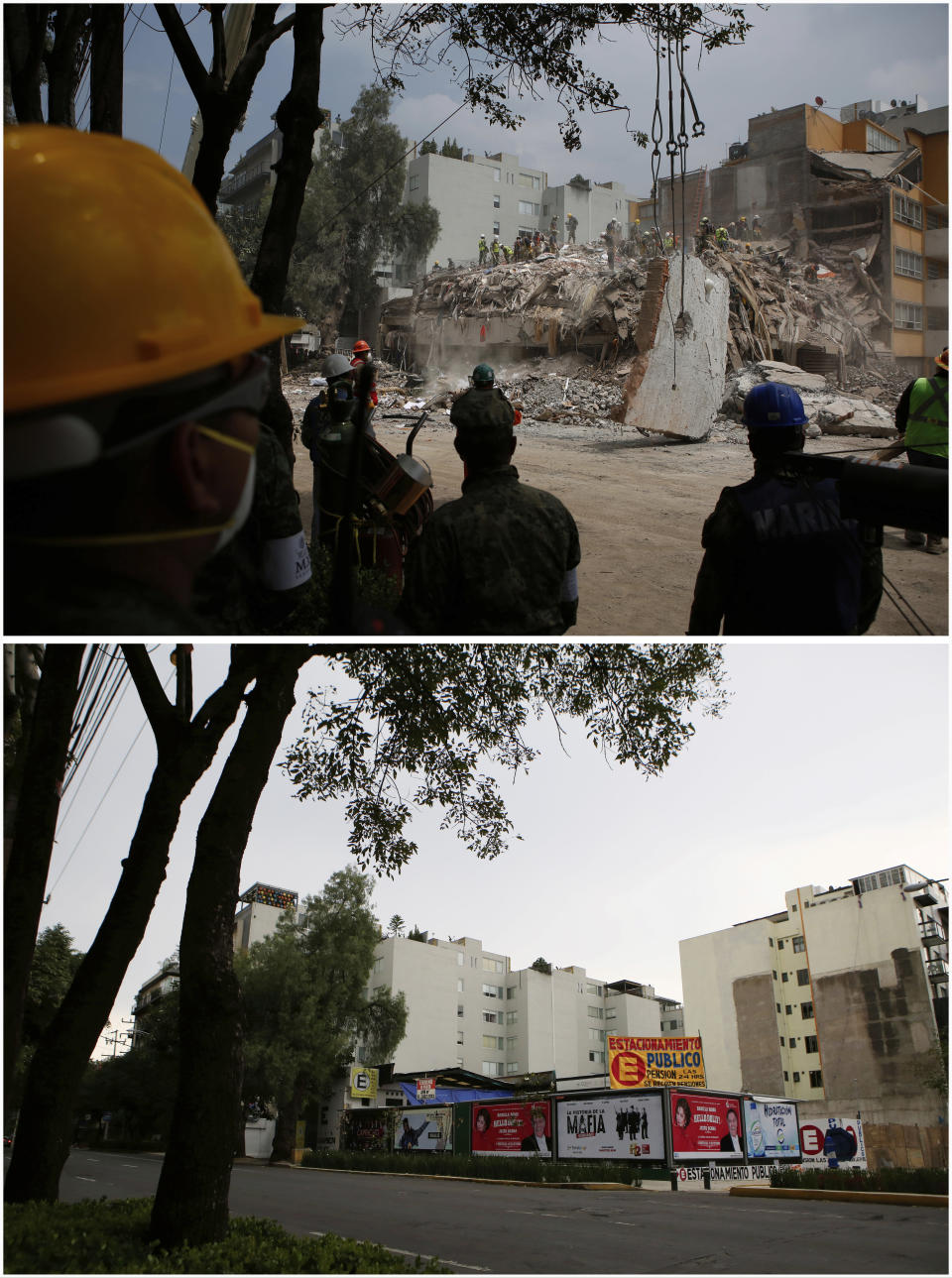 Esta combinación de imágenes muestra el número 4 de la calle Escocia, donde un sismo de magnitud 7,1 tiró un edificio de apartamentos, durante las labores de rescarte, el 25 de septiembre de 2017 (arriba), y un año más tarde, el 16 de septiembre de 2018 luego de la retirada de escombros y la demolición de un inmueble adyacente, en la Ciudad de México.La lentitud de los derribos y de la reconstrucción frustra tanto a quienes perdieron sus casas como a quienes viven entre inmuebles destrozados que parece que vayan a colapsar en cualquier momento sobre las aceras y calles que siguen acordonadas desde el temblor. (AP Fotos/Rebecca Blackwell)