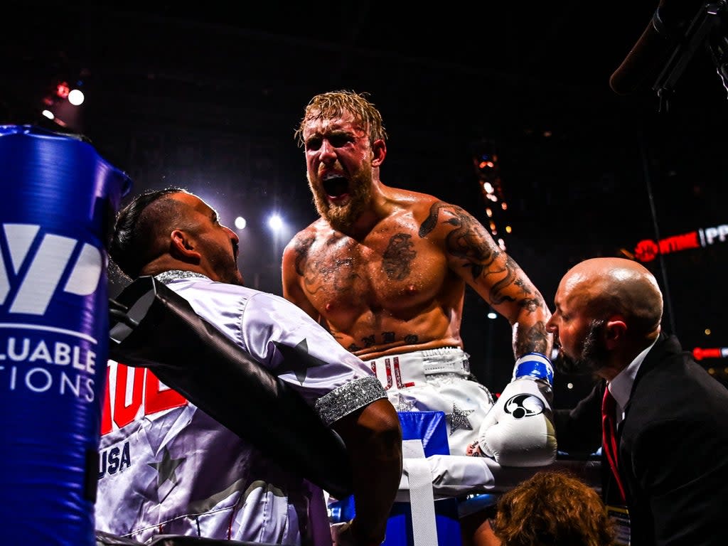 Jake Paul after knocking out former UFC champion Tyron Woodley (AFP via Getty Images)