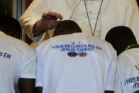 Pope Francis meets with victims of violence in eastern Congo, at the Apostolic Nunciature in Kinshasa, Democratic Republic of Congo, Wednesday, Feb. 1, 2023. Francis is in Congo and South Sudan for a six-day trip, hoping to bring comfort and encouragement to two countries that have been riven by poverty, conflicts and what he calls a "colonialist mentality" that has exploited Africa for centuries. (AP Photo/Gregorio Borgia)