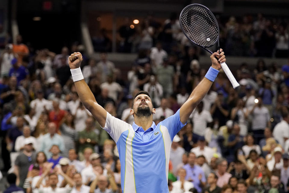 Novak Djokovic, of Serbia, reacts after defeating Ben Shelton, of the United States, during the men's singles semifinals of the U.S. Open tennis championships, Friday, Sept. 8, 2023, in New York. (AP Photo/Charles Krupa)