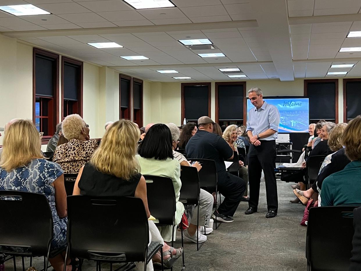 Boca Raton Mayor Scott Singer delivers his State of the City address at the Spanish River Library in Boca Raton, Florida, on March 2, 2023.