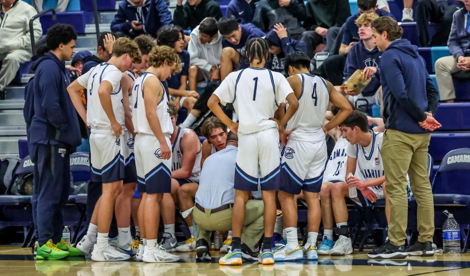 The Camarillo boys basketball team gathers during a timeout against Oak Park in a Coastal Canyon League game on Tuesday, Jan. 16, 2024. The Scorpions won 48-42.