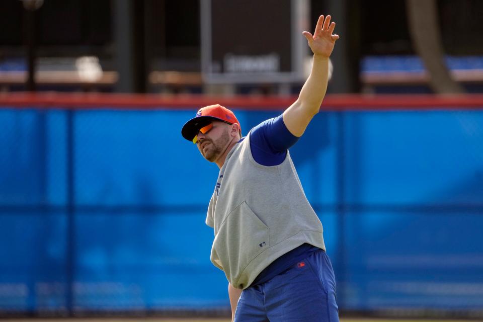 New York Mets' Pete Alonso stretches during a spring training baseball workout Saturday, Feb. 17, 2024, in Port St. Lucie, Fla.