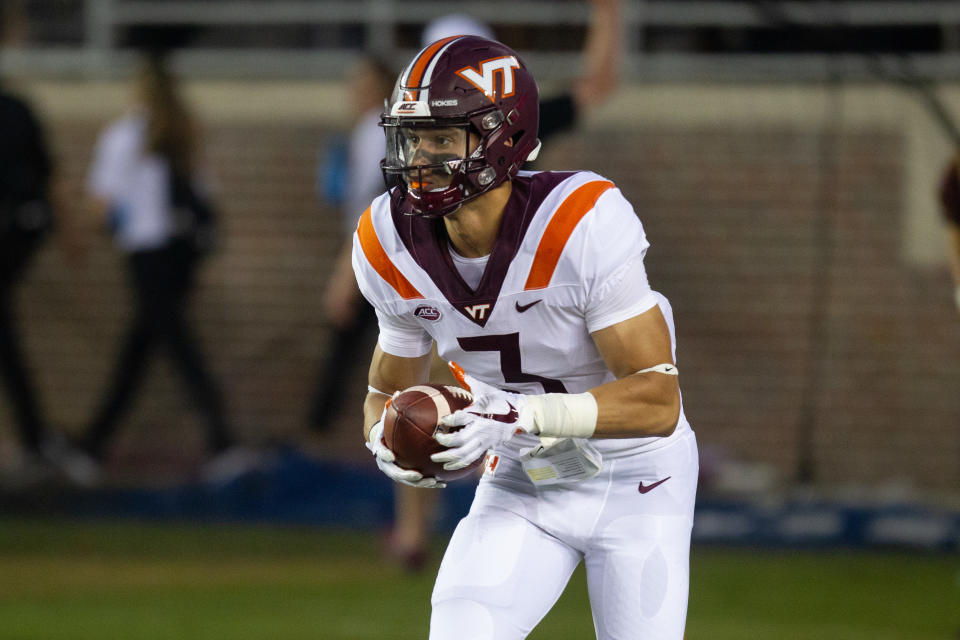 TALLAHASSEE, FL - SEPTEMBER 03: Virginia Tech Hokies defensive back Caleb Farley (3) catches the kickoff during the game between the Florida State Seminoles and the Virginia Tech Hokies September 03, 2018, at Doak Campbell Stadium in Tallahassee, Florida.(Photo by Logan Stanford/Icon Sportswire via Getty Images)