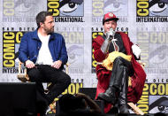 <p>Ben Affleck and Ezra Miller at the Warner Bros. Pictures Presentation at Comic-Con on July 22, 2017 in San Diego. (Photo: Kevin Winter/Getty Images) </p>
