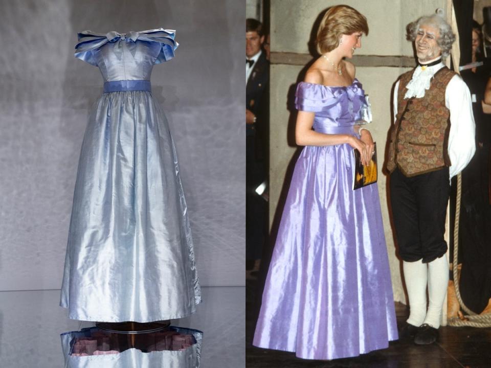 Princess Diana's purple taffeta dress, left, is shown at the,"Princess Diana: A Tribute Exhibition" in Las Vegas. She is show wearing the gown at right