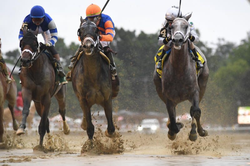 Forte (center), shown winning the Jim Dandy Stakes on July 29, is the favorite in Saturday's star-studded Travers Stakes, the "Midsummer Derby," at Saratoga. Cognianese photo, courtesy of New York Racing Association
