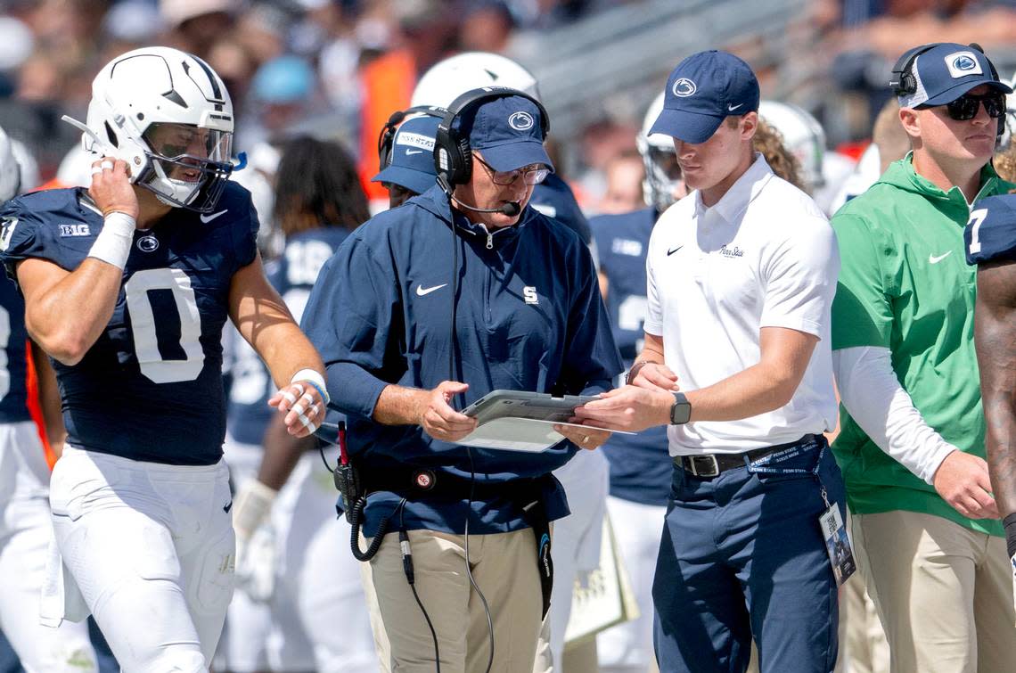 Penn State defensive coordinator Tom Allen watches a play as defenders come of the field after a Bowling Green touchdown during the game on Saturday, Sept. 7, 2024.