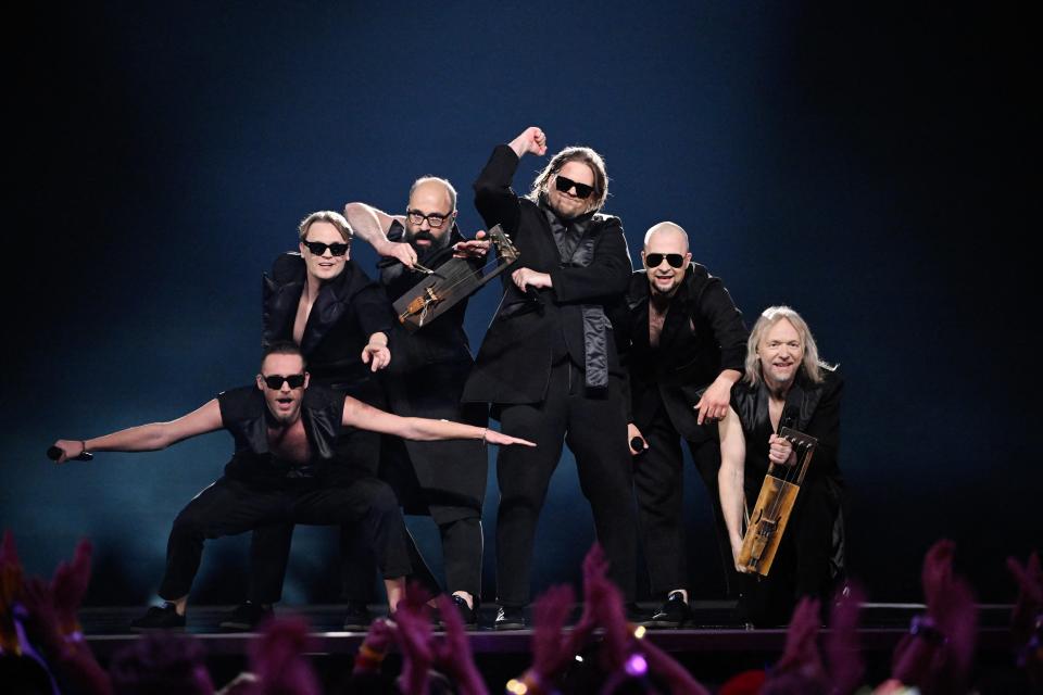 5 miinust & Puuluup representing Estonia with the song "(nendest) narkootikumidest ei tea me (kÃ¼ll) magida" perform on stage during the second semi-final of the 68th edition of the Eurovision Song Contest (ESC) at the Malmo Arena, in Malmo, Sweden, on May 9, 2024.