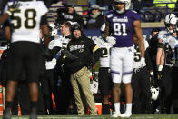 Purdue head coach Jeff Brohm looks on during the second half of an NCAA college football game against Northwestern, Saturday, Nov. 9, 2019, in Evanston, Ill. Purdue won 24-22. (AP Photo/Paul Beaty)