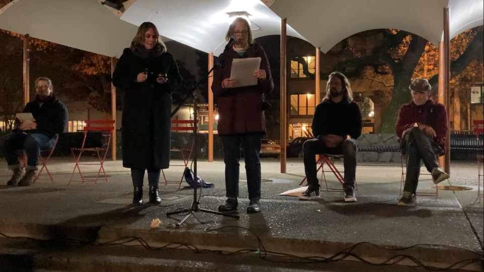 Eugene Mayor Lucy Vinis reads the names of some of the 71 people who died while homeless in Lane County in 2023.