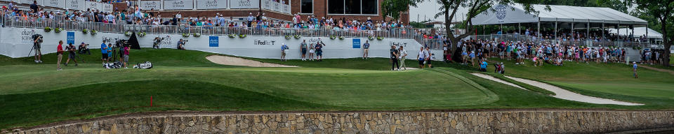 A picture of the last green of Colonial Country Club during the third round of the 2023 Charles Schwab Challenge