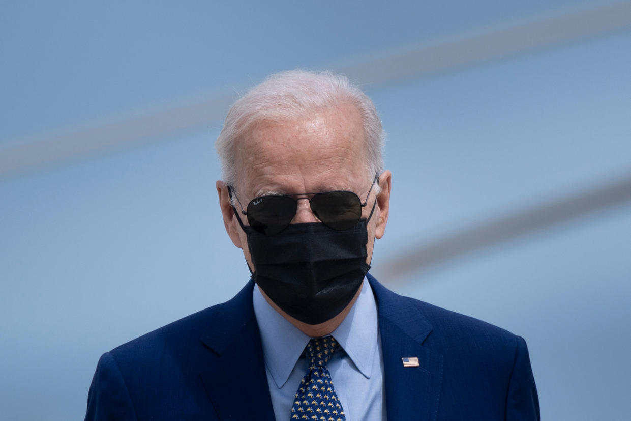 US President Joe Biden arrives to board Air Force One at Joint Base Andrews in Maryland on April 29, 2021. - President Biden travels to Georgia to mark his first 100 days in office. (Photo by Brendan Smialowski / AFP) (Photo by BRENDAN SMIALOWSKI/AFP via Getty Images)