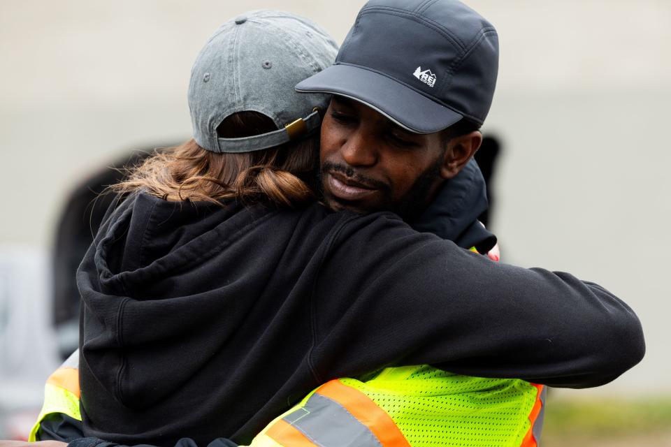 Jessica Lowe, founder of Be a Little Too Kind, hugs Fatkah aka Tuesday, one of her homies, in Salt Lake City on Thursday, Feb. 1, 2024. Be a Little Too Kind is a nonprofit organization focused on assisting homeless people by providing a homemade meal every week and other essential life sustaining items. | Megan Nielsen, Deseret News