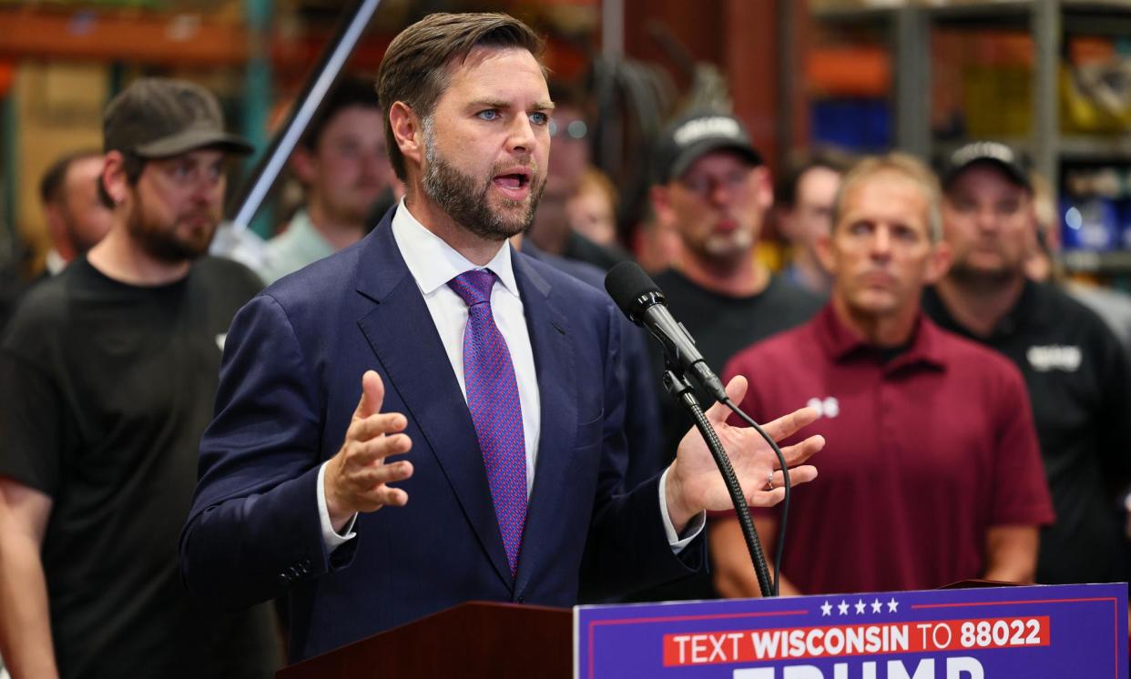 <span>Republican vice-presidential candidate JD Vance in Eau Claire, Wisconsin, last week.</span><span>Photograph: Adam Bettcher/Getty Images</span>