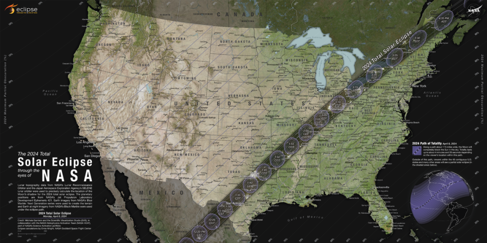 April 8’s total solar eclipse will completely block the sun’s light and create a 115-mile-wide “path of totality” across much of the U.S. Those outside the path will see a partial solar eclipse. NASA Scientific Visualization Studio