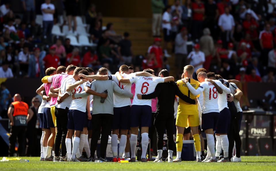 England players huddle during the Nations League Third Place Play-Off at Estadio D. Alfonso Henriques, Guimaraes.