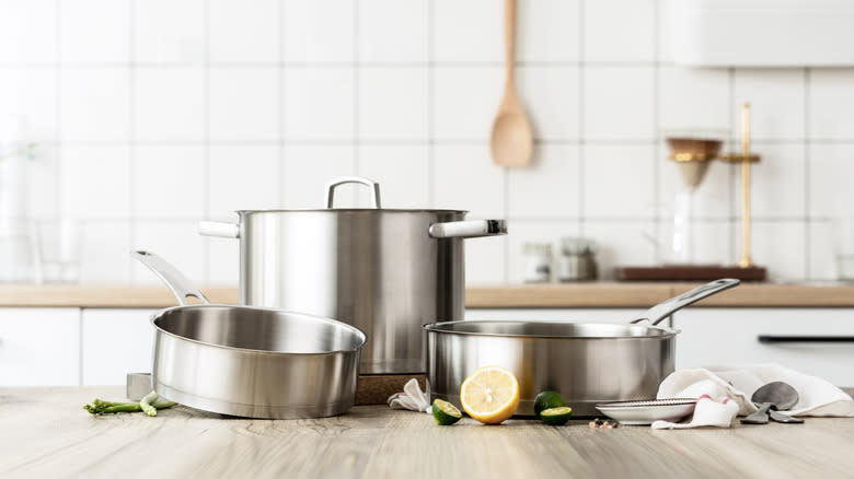 stainless steel pans on counter