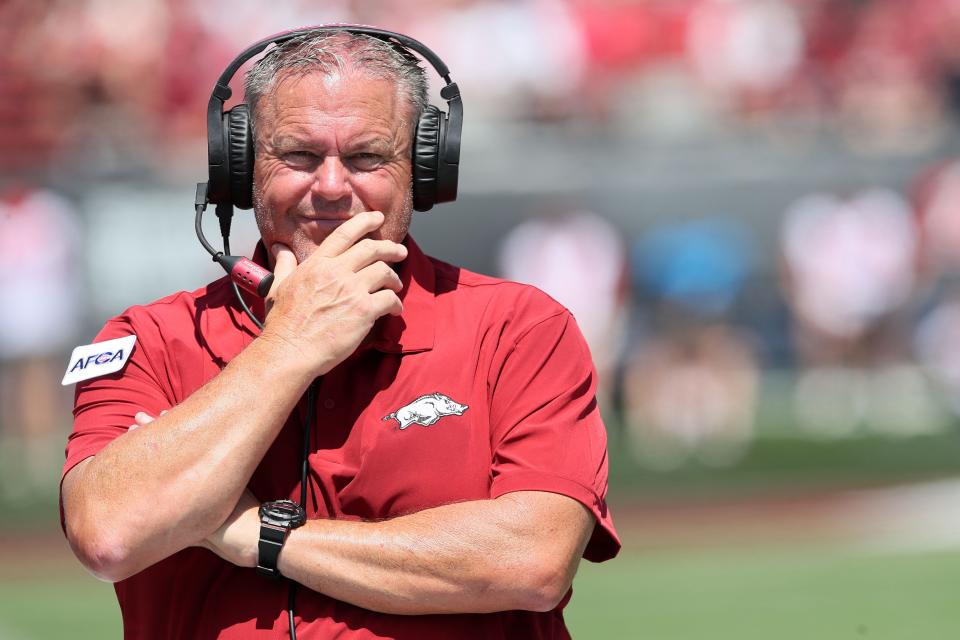 Sep 2, 2023; Little Rock, Arkansas, USA; Arkansas Razorbacks head coach Sam Pittman during the second half against the Western Carolina Catamounts at War Memorial Stadium. Mandatory Credit: Nelson Chenault-USA TODAY Sports