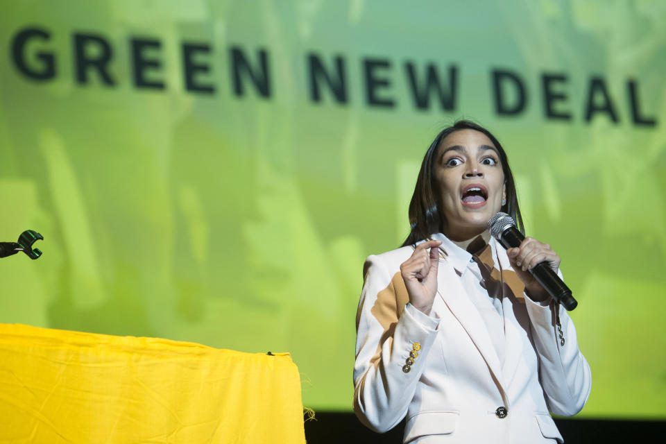 Rep. Alexandria Ocasio-Cortez, D-N.Y., addresses the Road to the Green New Deal Tour final event at Howard University in Washington, Monday, May 13, 2019. (AP Photo/Cliff Owen)