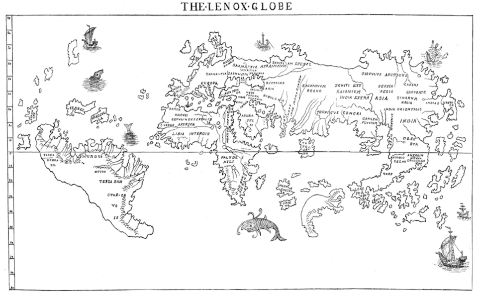 En un mapa creado a partir del globo de Hunt-Lenox, por B. F. De Costa, se puede leer ‘HC SVNT DRACONES’ en la península de Indochina. <a href="https://commons.wikimedia.org/wiki/File:Lennox_Globe,_by_B.F._Da_Costa.png" rel="nofollow noopener" target="_blank" data-ylk="slk:Kattigara/Wikimedia Commons;elm:context_link;itc:0;sec:content-canvas" class="link ">Kattigara/Wikimedia Commons</a>, <a href="http://creativecommons.org/licenses/by-sa/4.0/" rel="nofollow noopener" target="_blank" data-ylk="slk:CC BY-SA;elm:context_link;itc:0;sec:content-canvas" class="link ">CC BY-SA</a>