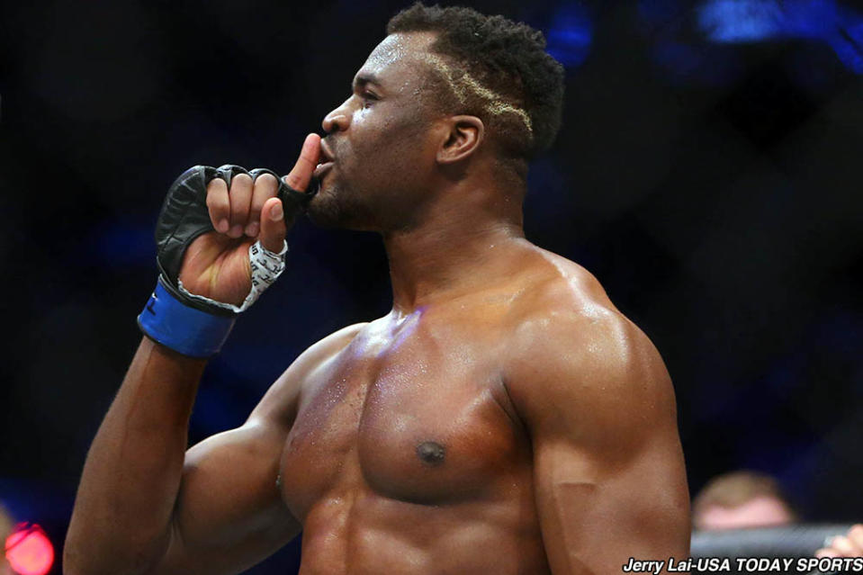 Francis Ngannou reacts after finishing Curtis Blaydes during UFC Fight Night at Cadillac Arena.