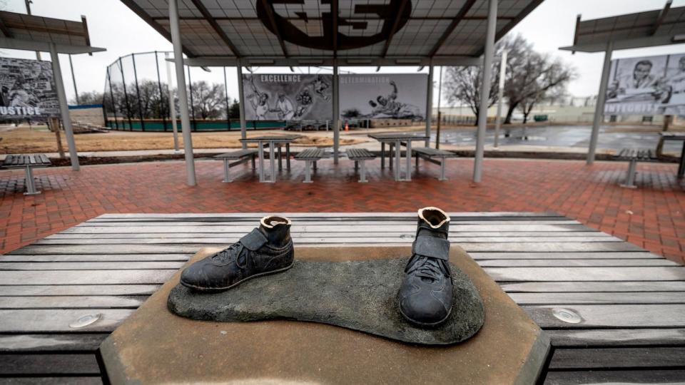 PHOTO: A bronze statue of legendary baseball pioneer Jackie Robinson was stolen from a park in Wichita, Kan., Jan. 25, 2024.  (Travis Heying/The Wichita Eagle via AP)