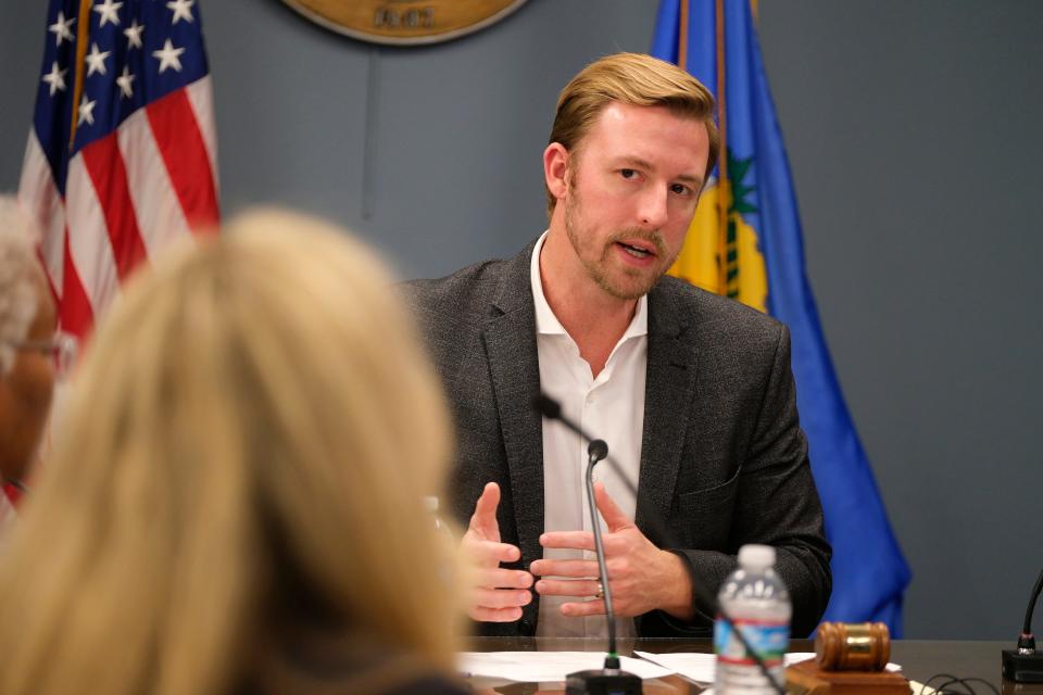 Oklahoma state schools Superintendent Ryan Walters speaks during a special meeting of the state Board of Education to consider revoking the license of a teacher from the Western Heights school district on Thursday.