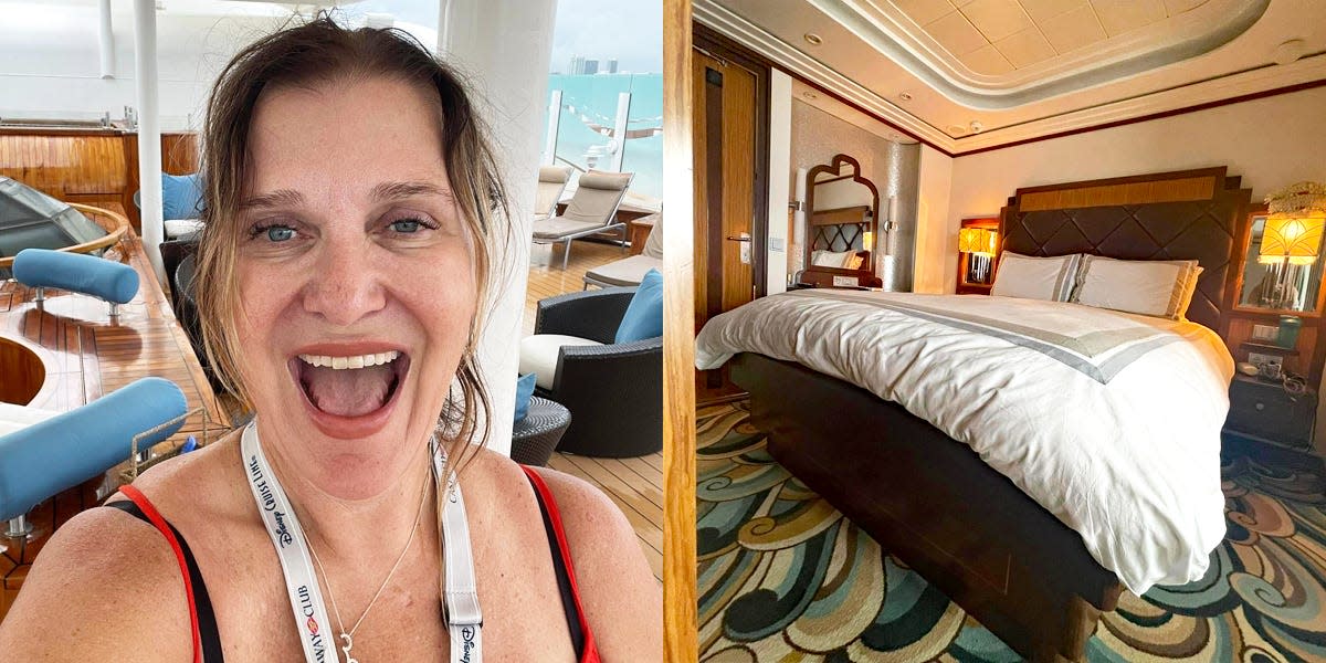 the writer next to her bed on the cruise