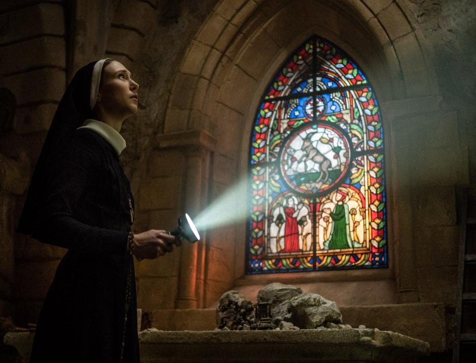 Sister Irene (Taissa Farmiga) investigates a murder and has another run-in with a demon in the horror sequel "The Nun 2."