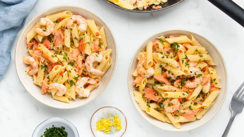 penne pasta with salmon and shrimp