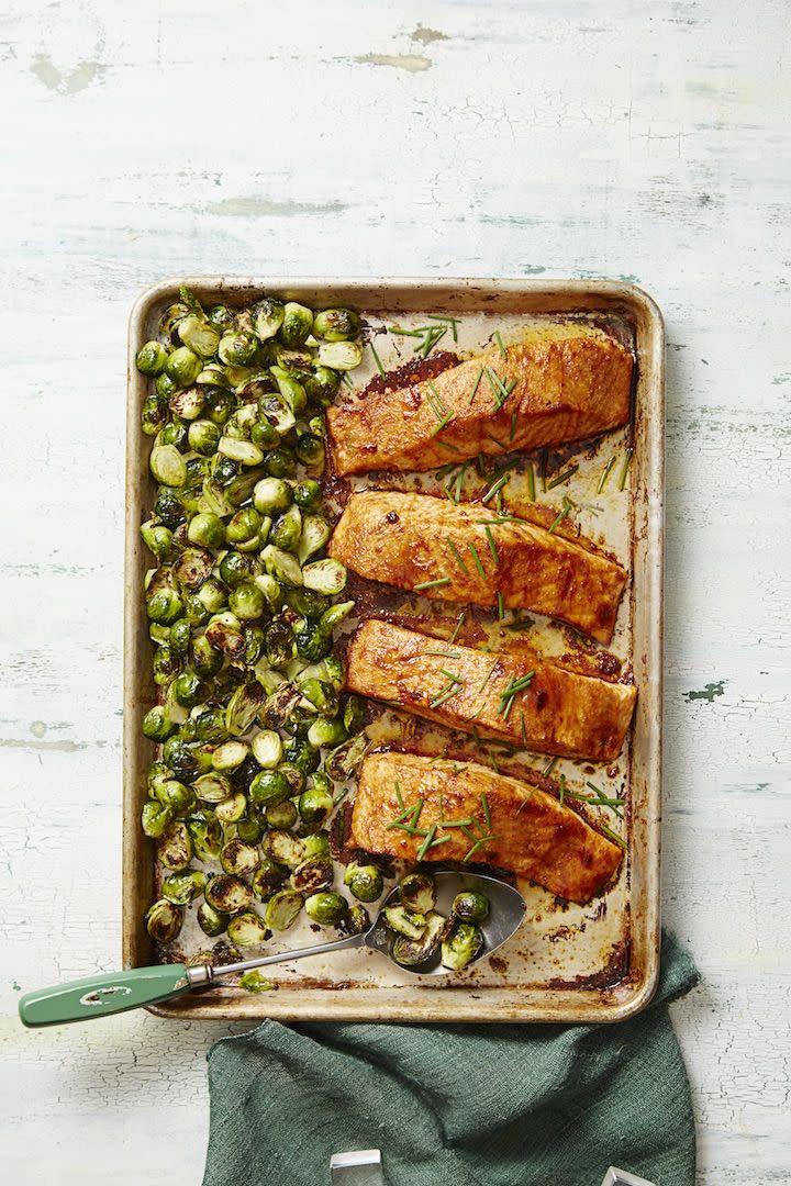 BBQ Salmon and Brussels Sprouts Bake