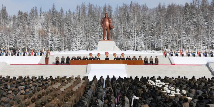 North Korean leader Kim Jong Un attends the celebration of the 80th birthday anniversary of late leader Kim Jong Il in front of his statue in Samjiyon City, North Korea February 15, 2022 in this picture released by North Korea&#39;s Korean Central News Agency (KCNA)