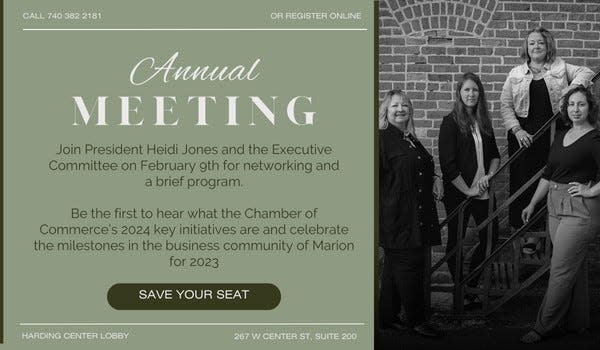 Reservations can now be made for the Marion Area Chamber of Commerce 2024 annual meeting on Feb. 9.