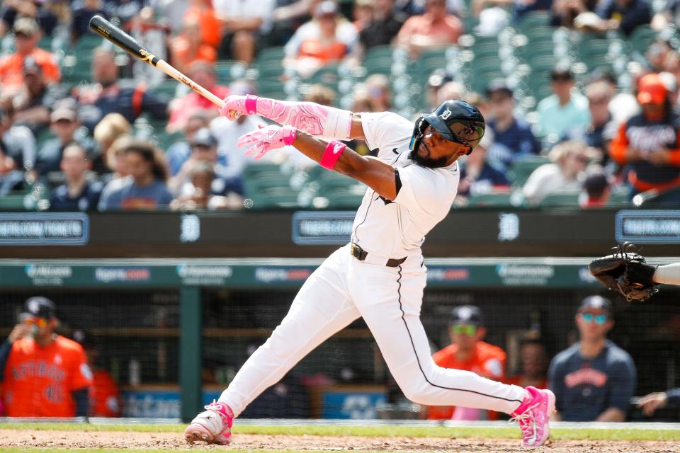 Detroit Tigers center fielder Akil Baddoo bats against Houston Astros during the ninth inning at Comerica Park in Detroit on Sunday, May 12, 2024.