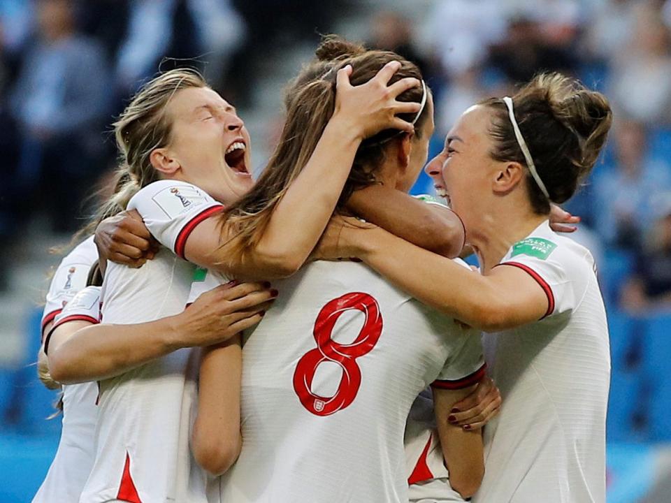 England's Jill Scott celebrates scoring their first goal with Ellen White, Nikita Parris and Lucy Bronze in the quarter-final against Norway: Reuters