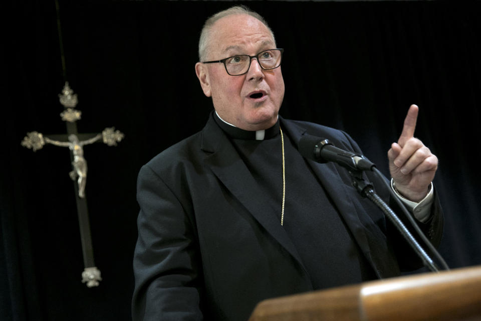 Cardinal Timothy Dolan addresses a news conference at the offices of the New York Archdiocese, in New York, Thursday, Sept. 20, 2018. The Roman Catholic Archdiocese of New York said Thursday that it has hired former federal judge Barbara Jones to review its procedures and protocols for handling allegations of sexual abuse. (AP Photo/Richard Drew)